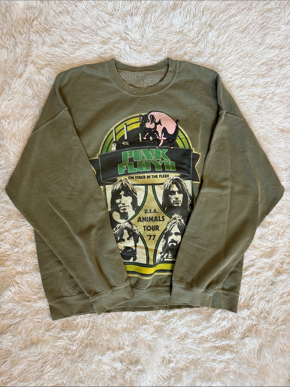 Pink Floyd Olive Green Tour Graphic Crewneck Sweatshirt